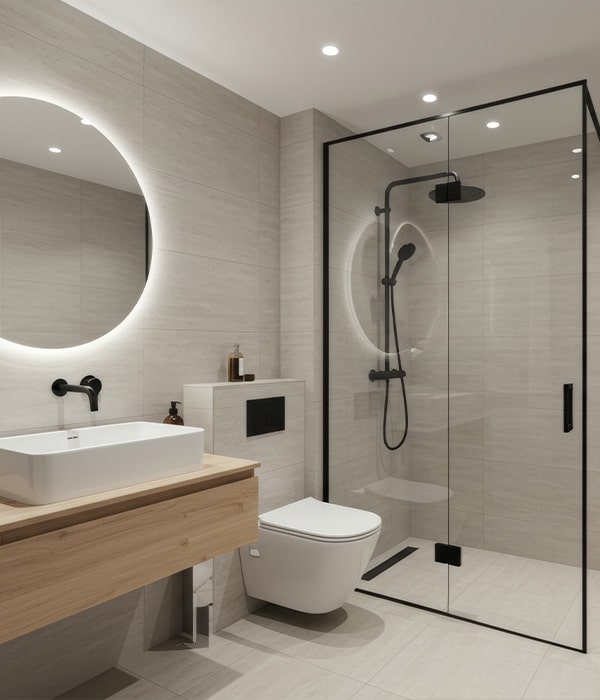 Modern bathroom featuring white walls and wooden fixtures, creating a clean and warm aesthetic.