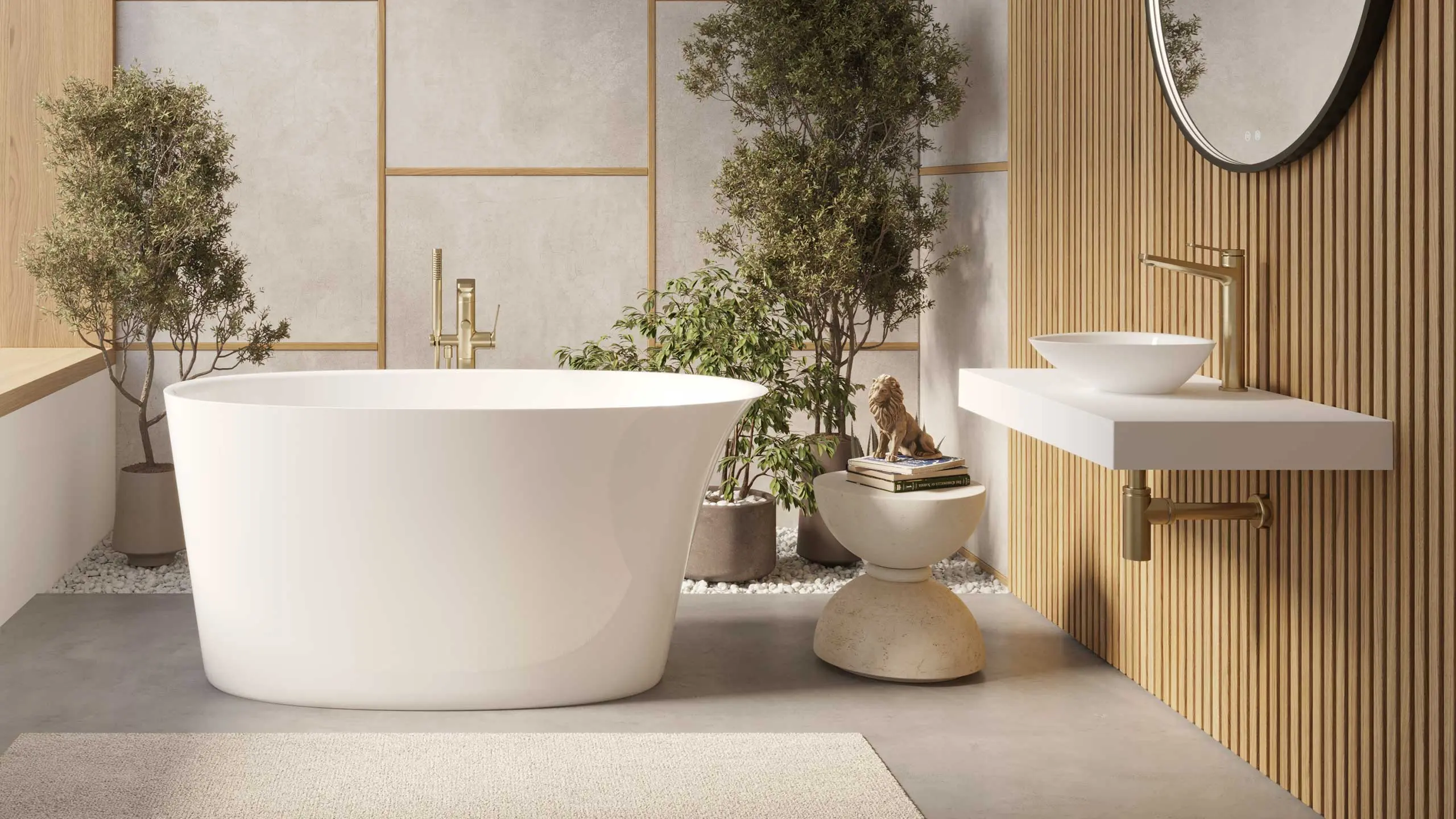 Finished premium bathroom installation with freestanding tub and wood feature wall